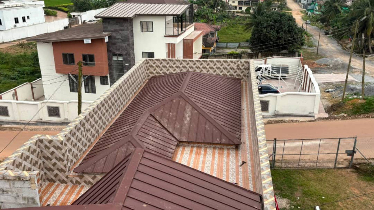 Aerial view of brown metal roofing on a building